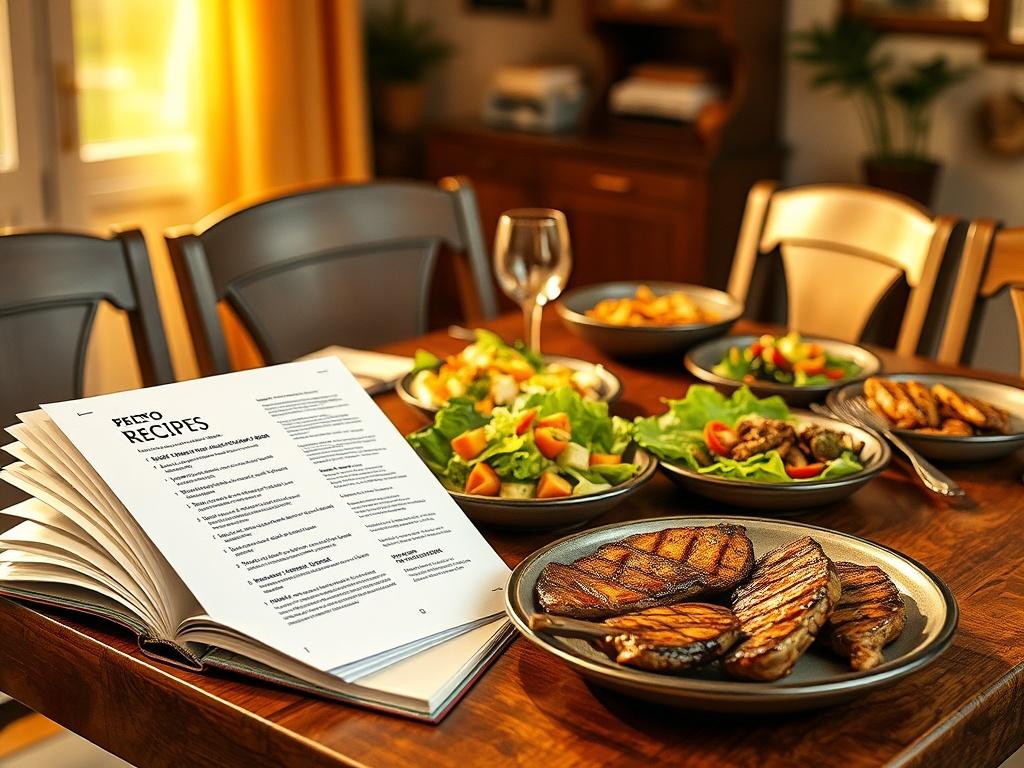 A cozy dining table set for a family meal with a PDF cookbook open to a page of keto recipes. Soft golden lighting creates a warm atmosphere, with various low-carb dishes displayed on the table, including colorful salads and grilled meats. The background features a comfortable home setting, enhancing the inviting feel.