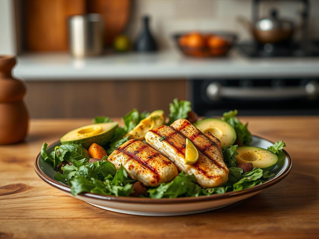 **Prompt for AI Image Generation:**

Create a realistic high-resolution photo that embodies the essence of a blog titled "Keto vacsorák gyorsan és könnyen". The image should feature a beautifully plated keto dinner as the main subject, showcasing a vibrant dish that includes elements like grilled chicken, fresh leafy greens, avocados, and a drizzle of olive oil or a creamy dressing. Ensure the colors of the food are enticing, with rich greens and yellows that convey freshness and healthiness.

The backgroun