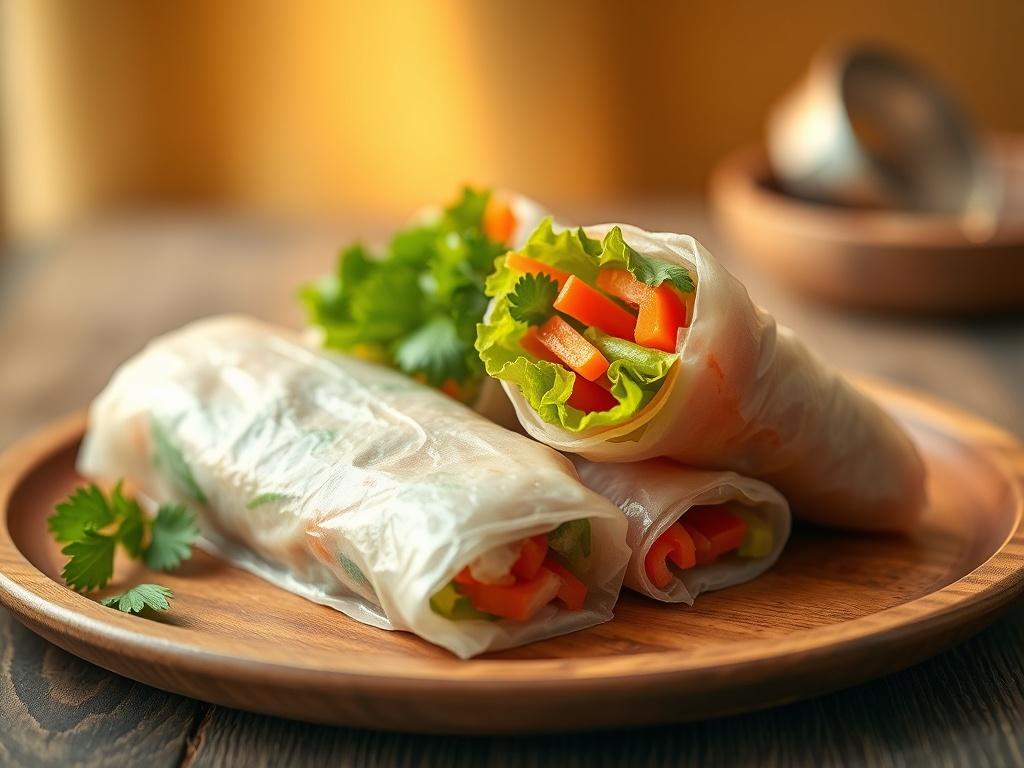 A realistic high-resolution photo of a fresh and vibrant tavaszi tekercs (spring roll), neatly arranged on a wooden platter. The spring roll should be filled with colorful vegetables like carrots, bell peppers, and lettuce, and garnished with fresh herbs. The background should be softly blurred to create a warm and inviting atmosphere, with cozy golden hues and soft lighting enhancing the scene.
