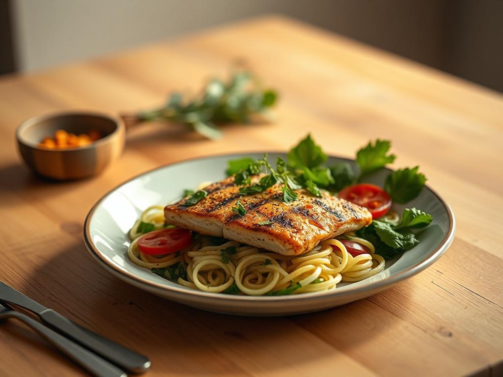 Create a realistic high-resolution photo that captures the essence of a quick and delicious keto dinner, illustrating the theme "Keto Vacsorák 30 Perc Alatt." The image should focus on a beautifully plated dish of a keto-friendly meal, featuring a main protein (such as grilled chicken or salmon) garnished with vibrant, fresh vegetables (like zucchini noodles or leafy greens). 

The composition should highlight the dish at the center of the frame, showcasing the textures and colors of the food, with soft lig