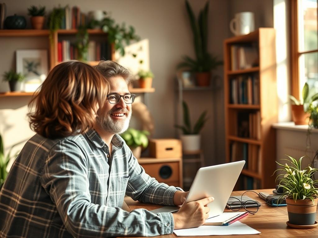 A realistic high-resolution photo of a patient, focused on a smiling tutor sitting at a desk with a laptop, engaged in a video call teaching online classes. The background should be a cozy home office with warm, natural light illuminating the space, featuring bookshelves filled with educational materials and plants for a grounded aesthetic. The tutor is showing enthusiasm and encouragement, creating a welcoming atmosphere for learning.