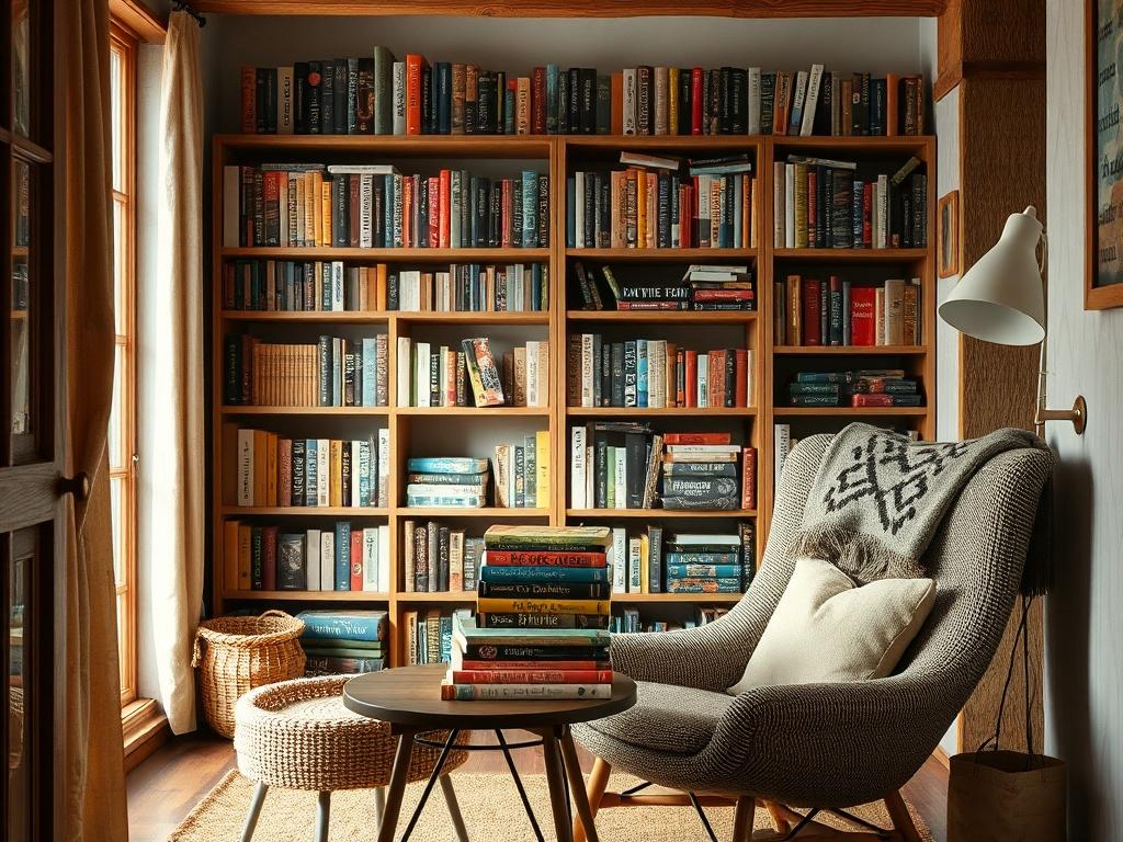 A cozy home interior featuring a warm reading nook with a comfortable chair and a small table, adorned with a stack of colorful PDF books. The background should feature a bookshelf filled with various genres of books, with soft, natural lighting illuminating the space, creating a welcoming atmosphere for reading.
