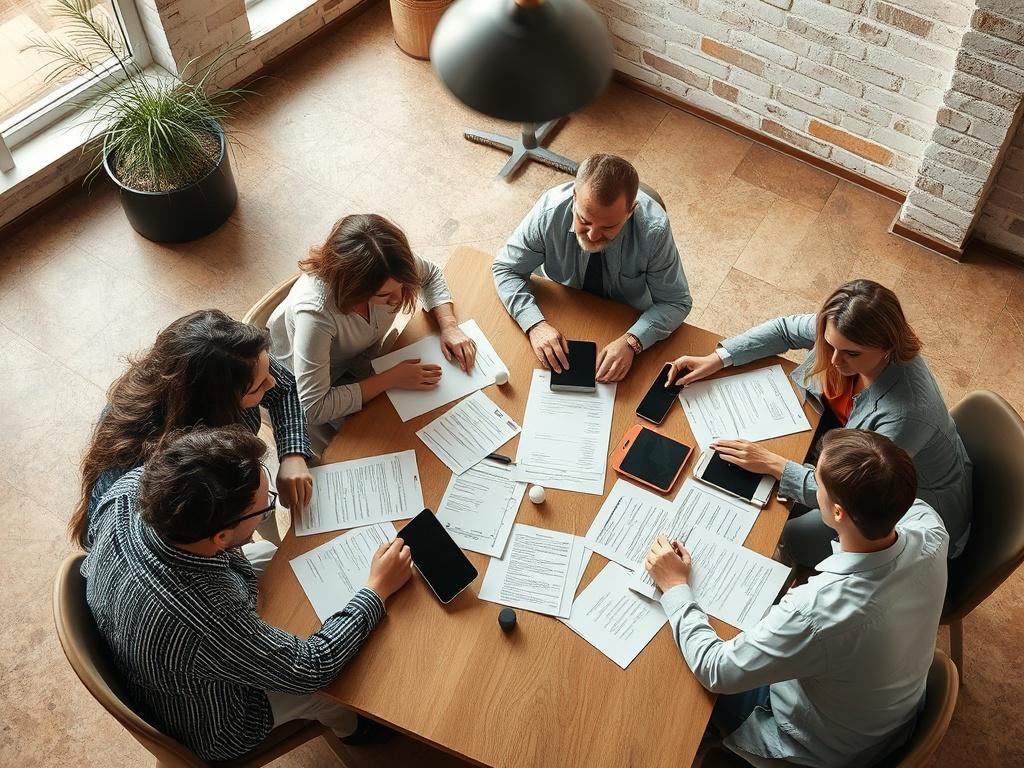 A group of professionals brainstorming around a table, with documents and digital devices, showcasing collaboration and creativity.