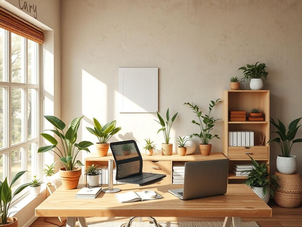 A cozy office space with natural light, showcasing a modern desk with plants and a laptop, representing a professional environment.
