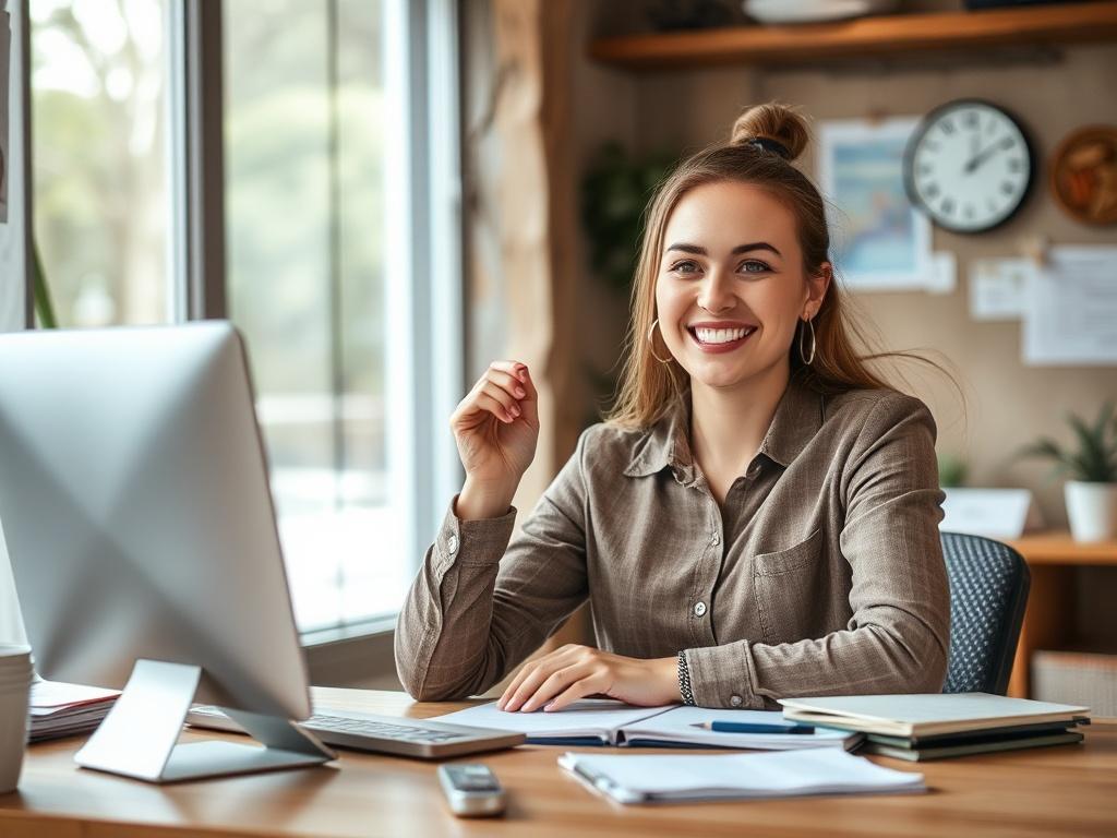 A professional at a desk answering a phone call, with a friendly smile, in a welcoming office environment.