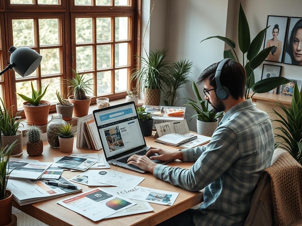 Create a realistic high-resolution photo of a graphic designer in a modern workspace, focused on creating designs on a laptop. The desk should be organized with design tools like sketch pads, color palettes, and a variety of printed materials showcasing logos, flyers, and brochures. The background should include a large window with natural light coming in, plants for a green touch, and a comfortable, rustic aesthetic to reflect a creative atmosphere.