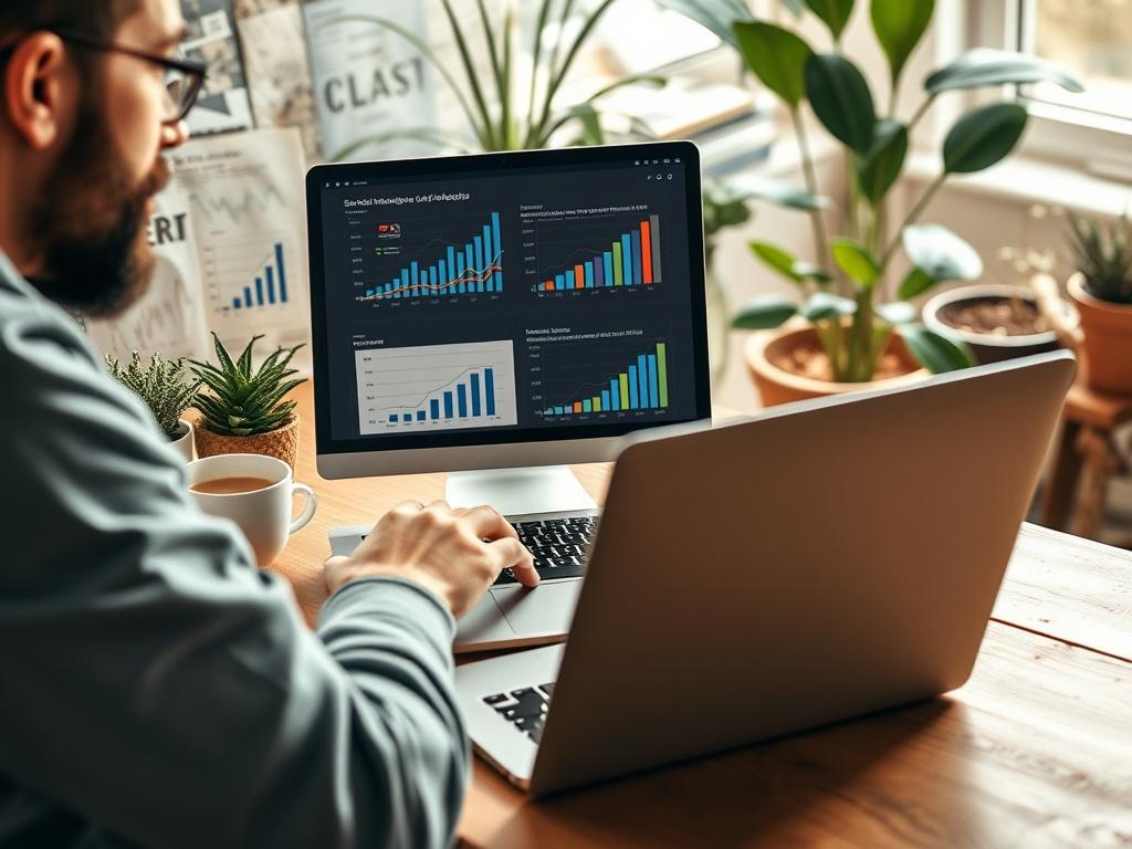 A realistic high-resolution photo of a marketing professional working on a laptop, analyzing social media metrics and strategies. The setting is a cozy office with earthy tones and natural textures, featuring a wooden desk, plants in the background, and a cup of coffee beside the laptop. The focus is on the professional, with charts and graphs visible on the laptop screen, showcasing digital marketing insights.