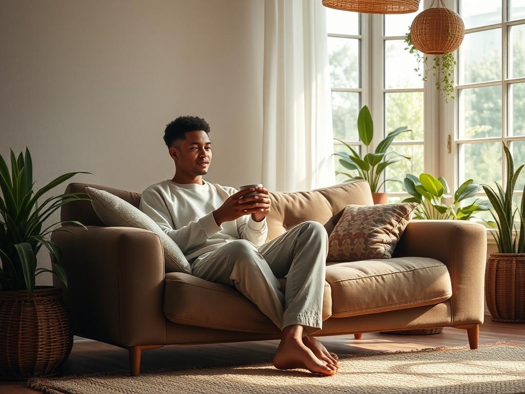 A realistic high-resolution photo of a serene setting with a single person sitting comfortably on a couch, holding a cup of tea, looking contemplative. The background features soft, natural light filtering through a window with plants around, creating a calm atmosphere. The subject appears relaxed and engaged in thought, reflecting a moment of introspection and connection.