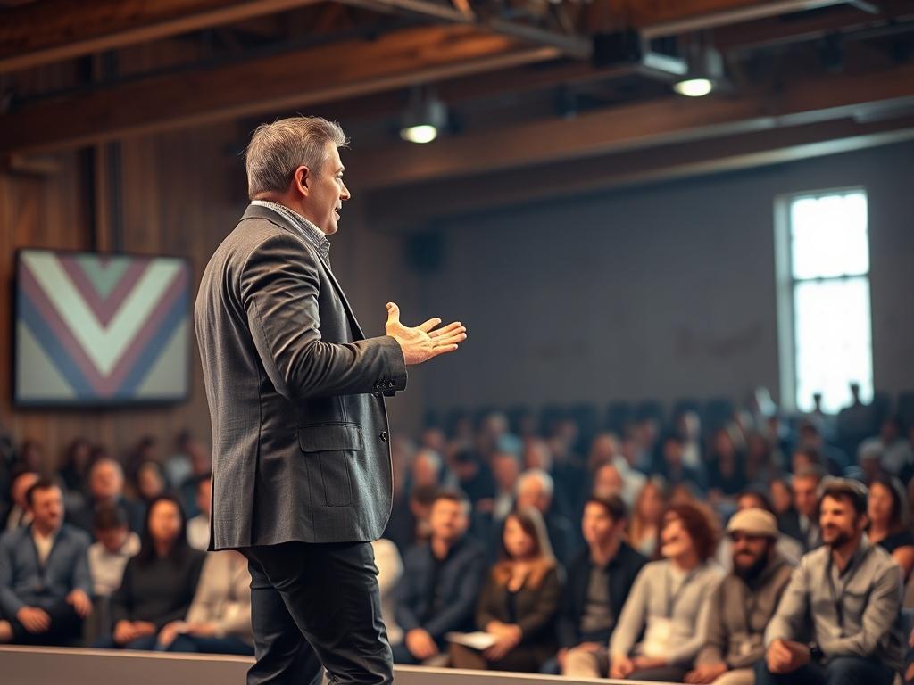 A high-resolution photo of a charismatic speaker standing confidently on a stage, engaged in delivering a motivational speech to an enthusiastic audience. The background features a soft-focus crowd, capturing their attention. The speaker is dressed in a smart outfit, gesturing with passion, and the setting is well-lit with warm tones, evoking a sense of inspiration and engagement.