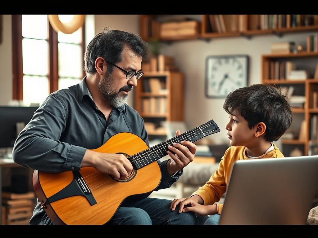 A realistic high-resolution photo of a mentor and student engaged in an online class. The mentor is showing a guitar (violão) to the student, who is attentively watching. The background is a cozy, well-lit room with books and a computer, creating a warm and inviting atmosphere. The color scheme reflects earthy tones, with natural textures.