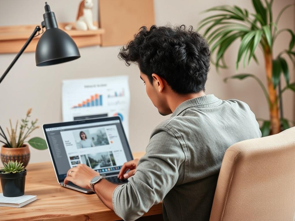 A realistic high-resolution photo of a professional working on social media management. The scene includes a person sitting at a desk with a laptop open, analyzing social media metrics. The background features a soft, earthy tone with natural textures like wood and plants. The focus is on the person, showcasing engagement with the digital content.