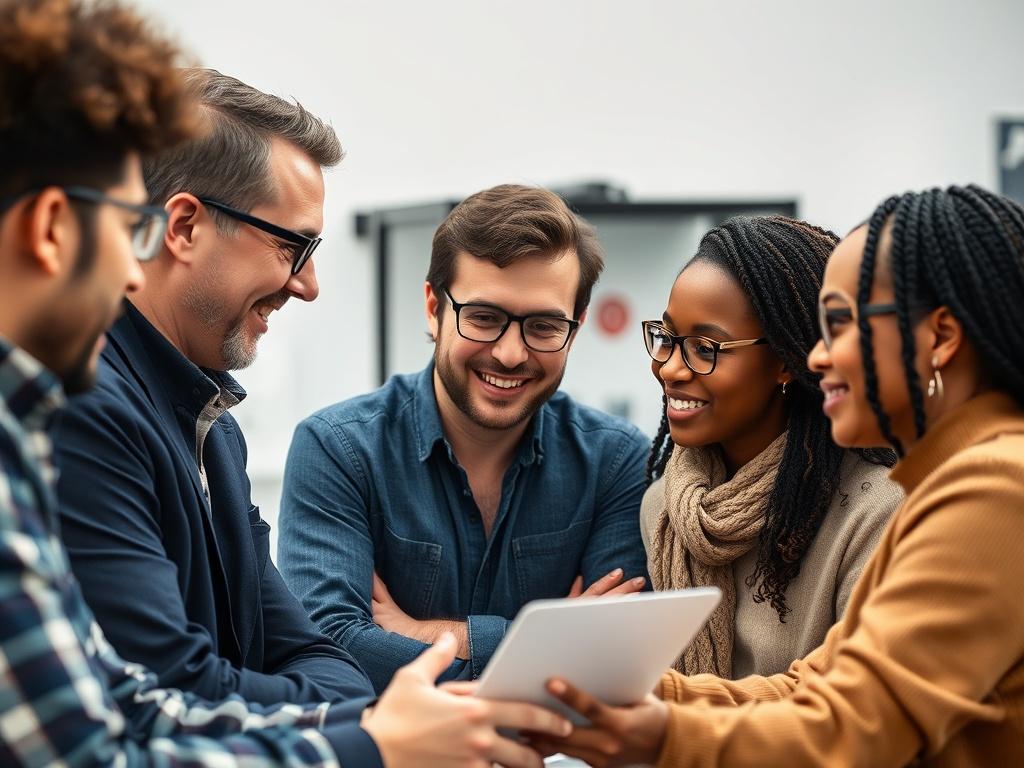 A professional setting with a diverse team discussing automotive parts