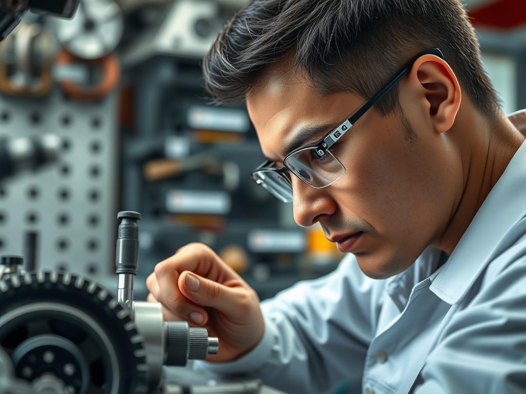 A technician performing quality checks on automotive parts, using precision