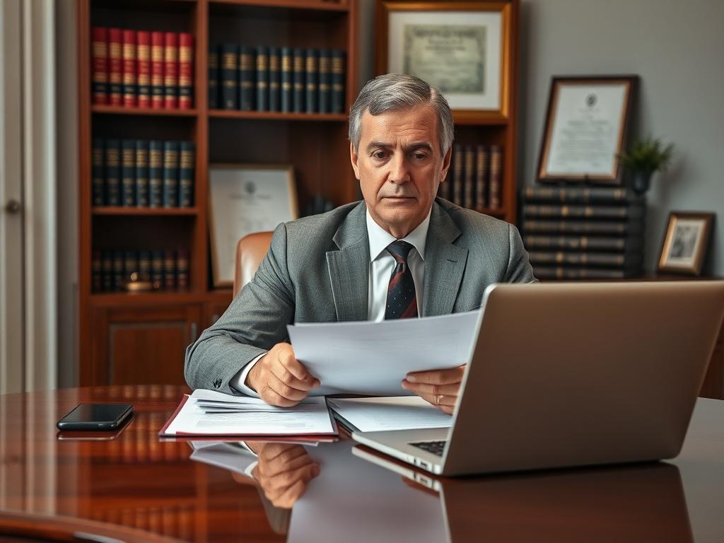 **AI Image Generation Prompt:**

Create a realistic high-resolution photo featuring a serious-looking attorney sitting at a polished wooden desk in a well-lit, professional office setting. The attorney, a middle-aged individual with a confident demeanor, is focused on a stack of legal documents and a laptop open in front of them. The attorney should be portrayed wearing formal attire, such as a tailored suit and tie, conveying professionalism and expertise.

In the background, add a bookshelf filled with le