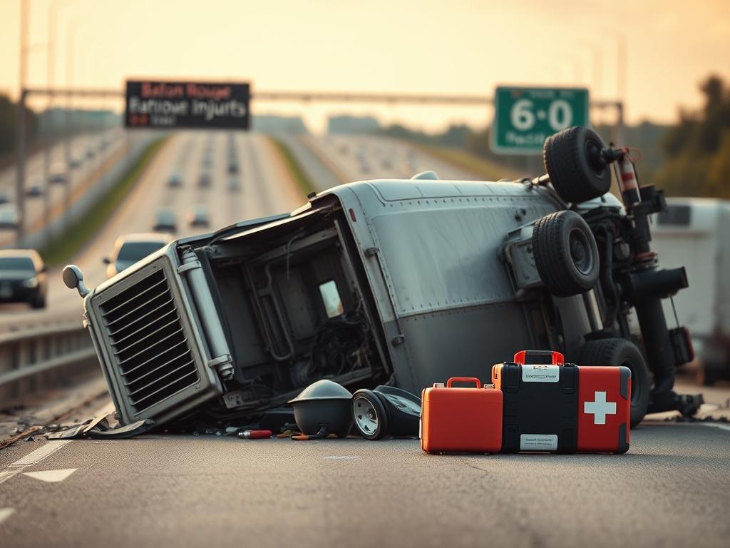 Create a realistic high-resolution photo centered on a single 18-wheeler truck accident scene. The image should depict an overturned 18-wheeler on a highway, showcasing a detailed view of the wreck. Focus on the truck's crumpled cab and scattered debris to illustrate the severity of the accident. The background should feature a blurred view of a busy Baton Rouge highway with subtle signs of federal regulations, indicated by a distant road sign symbolizing truck route limits. Make sure to capture the essence