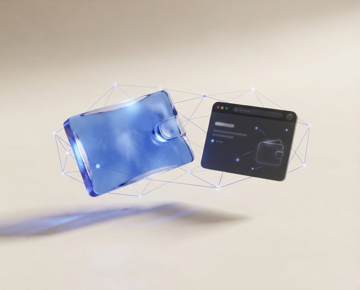 Abstract glass wallet card and browser extension panel connected by a subtle web of glowing nodes