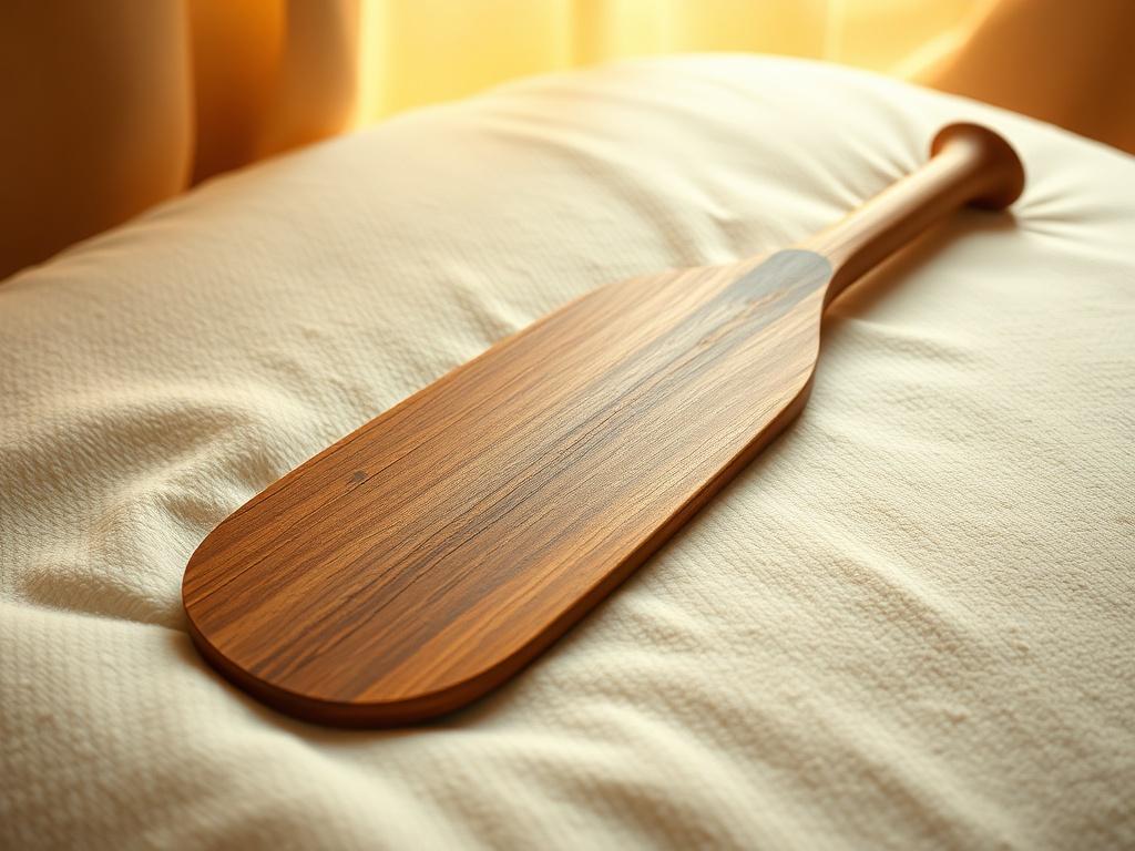 **AI Image Generation Prompt:**

Create a realistic high-resolution photo that embodies the theme of "Domestic Discipline," focusing on the concept of paddling. The composition should be simple and clear, featuring a single subject: a beautifully crafted wooden paddle, elegantly displayed on a soft, warm surface. 

**Subject Matter:**
- A well-worn wooden paddle with smooth edges and a polished finish, showcasing craftsmanship and a sense of history. The paddle should be centered in the image, resting gentl