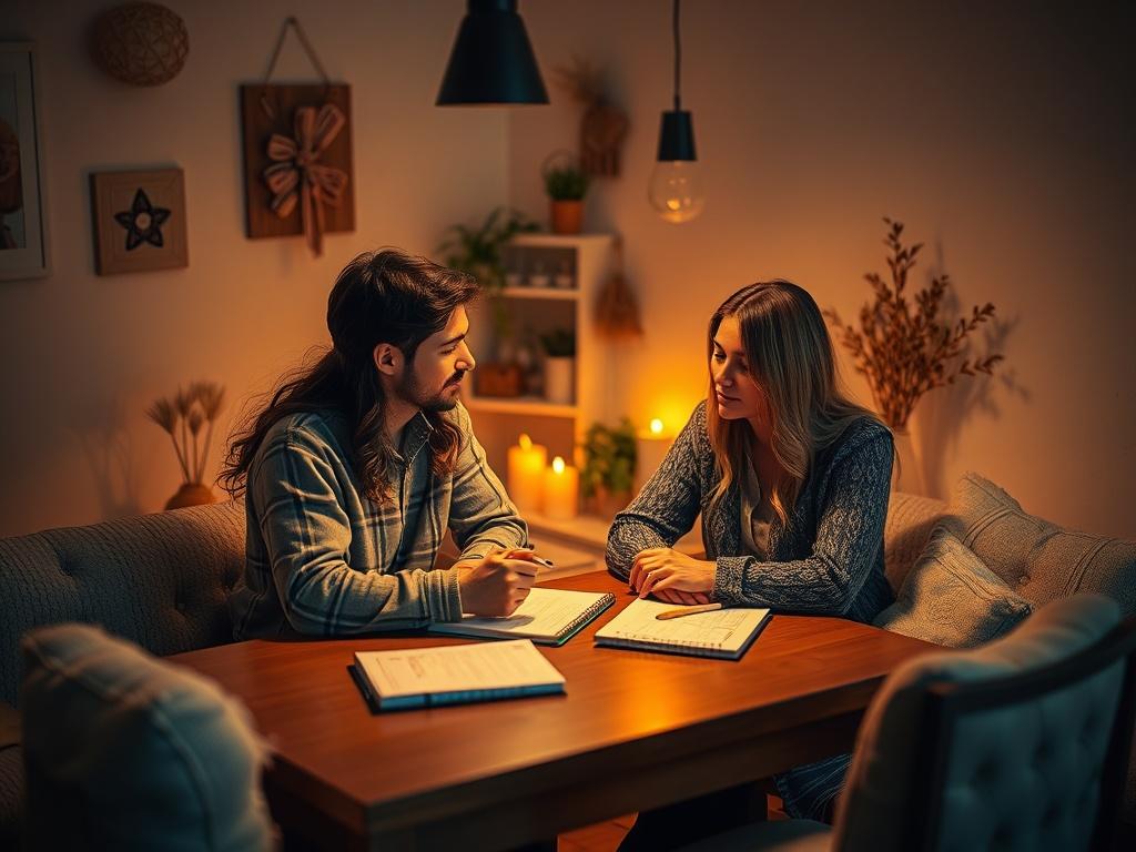 A cozy, serene setting depicting a couple engaged in a thoughtful discussion, surrounded by soft lighting and warm hues. The couple is sitting at a table with notebooks and checklists, reflecting a sense of intimacy and connection. The background features subtle decorations that evoke a sense of comfort and tranquility, such as plants and soft textiles.