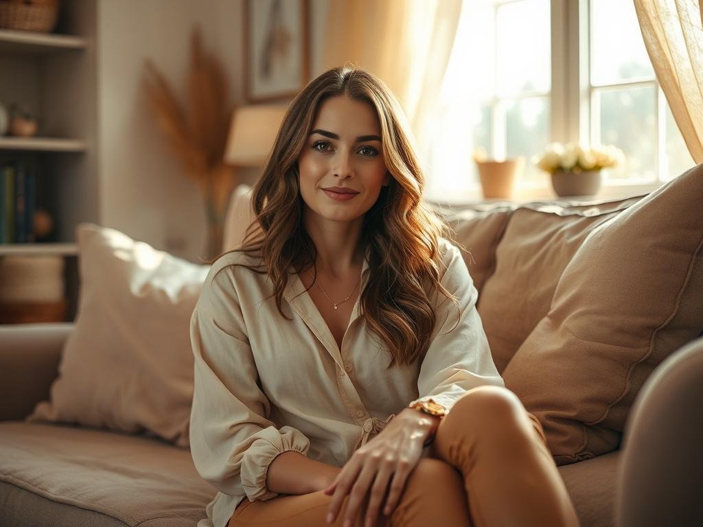 Create a realistic high-resolution photo that captures the essence of a "Consensual Relationship Agreement" within a Female-Led Relationship (FLR) lifestyle context. The image should focus on a single subject: a woman seated comfortably in a cozy, inviting room, exuding confidence and warmth. 

Her expression should convey a sense of empowerment and mutual respect, embodying the principles of open communication and consent inherent in the FLR lifestyle. She should be casually dressed in soft, flowing fabric