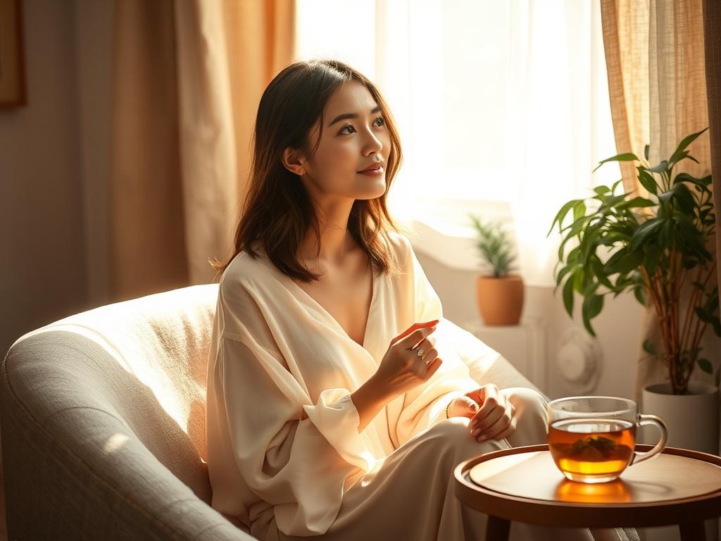 Create a realistic high-resolution photo that embodies the theme of "Understanding Chastity in Relationships." The composition should feature a single subject—a thoughtfully serene woman in a cozy, golden-hued environment. She should be sitting comfortably in a softly lit room, with gentle sunlight streaming through a window, casting a warm glow on her face. 

The woman, dressed in a soft, flowing fabric that evokes comfort, should be depicted with an expression of reflection and contentment, possibly gazin