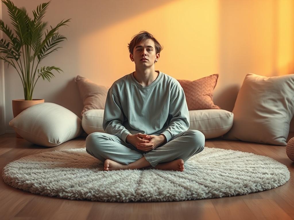 **AI Image Generation Prompt:**  

Create a realistic high-resolution photo that embodies the theme of self-reflection in the context of chastity and feminization. The composition should feature a solitary subject, a thoughtful individual sitting cross-legged on a soft, plush area rug, surrounded by warm, golden hues. The subject should be a person of ambiguous gender, dressed in comfortable attire that subtly reflects a blend of femininity and masculinity, symbolizing the journey of self-discovery.

The su