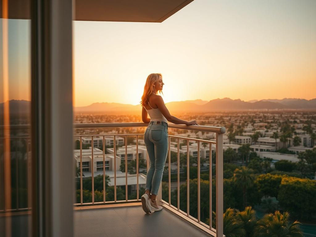 **AI Image Generator Prompt:**

Create a realistic high-resolution photo that embodies the essence of "Belvedere Perspective," focusing on a female figure standing confidently at the edge of a serene balcony overlooking a vast landscape. The subject should be a woman in casual yet elegant attire, symbolizing empowerment and grace, with her arms gently resting on the balcony railing. 

The background should showcase a tranquil sunset in the golden hues of the Coachella Valley, casting soft, warm light that e