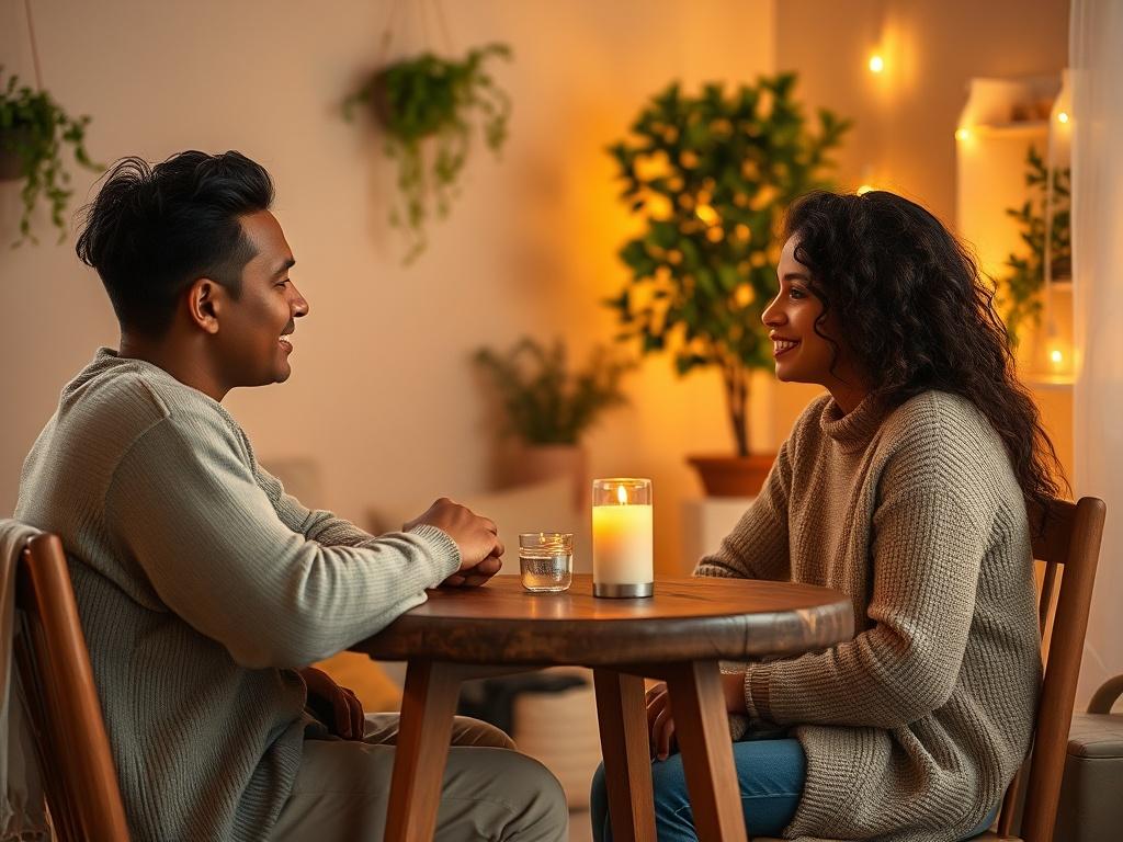 **Prompt for AI Image Generation:**

Create a realistic high-resolution photo that embodies the theme "Intentional Lifestyle Changes - Start Now!". The image should feature a single subject, a couple in a cozy, intimate setting, engaged in a meaningful conversation. The couple should be sitting at a small, rustic wooden table adorned with a warm, softly lit candle. 

The background should depict a serene room with soft golden lighting creating a welcoming ambiance. Decorate the walls with subtle greenery, s
