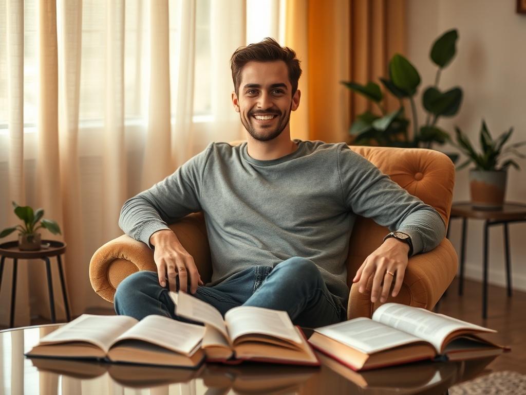 **AI Image Generation Prompt:**

Create a realistic, high-resolution photo focused on a single male subject who embodies the characteristics of someone who thrives in a Female Led Relationship (FLR). The subject is a young man in his early 30s, with an approachable demeanor and a warm smile. He sits comfortably on a plush, vintage armchair in a cozy living room, radiating an aura of support and admiration for strong women. 

On the table beside him, place a few open books about female empowerment, highlight
