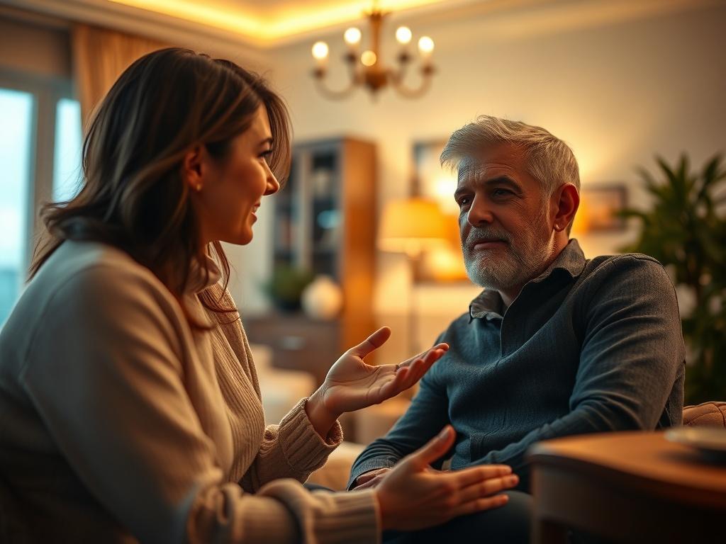 A serene, cozy setting with a couple engaged in a deep conversation. The woman is confidently expressing herself, while the man listens attentively, showcasing a supportive dynamic. The atmosphere is warm with golden hues and soft lighting, creating an inviting environment. In the background, a softly blurred, elegant living room is visible, enhancing the sense of intimacy and connection.