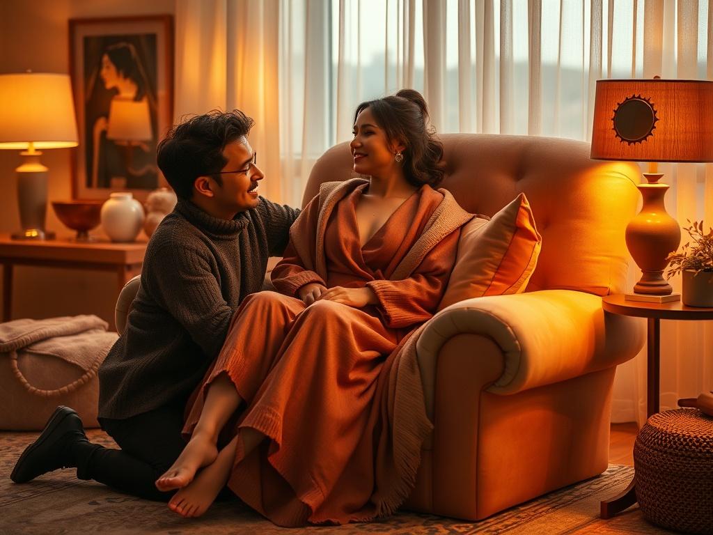 **AI Image Generation Prompt:**

Create a realistic high-resolution photo depicting a serene and intimate moment between a couple enjoying a cozy evening together. The subject of the image is a woman confidently leading in a nurturing setting, while a man attentively supports her, showcasing their emotional connection and mutual respect. 

Composition should be clear and uncomplicated, focusing solely on the couple. The woman, radiating warmth and empowerment, is seated comfortably in an inviting living roo