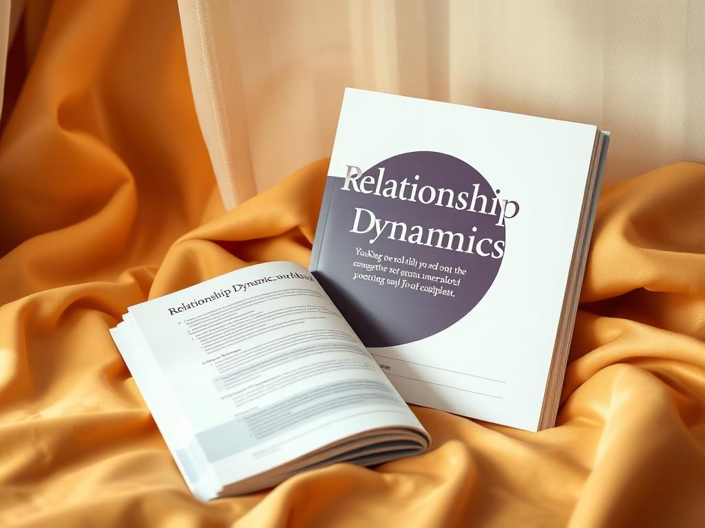 A Relationship Dynamics Workbook elegantly displayed on a soft, golden-hued surface. The workbook is partially open, revealing its engaging content. Soft lighting bathes the scene, creating a warm and inviting atmosphere that underscores the workbook's purpose for couples.