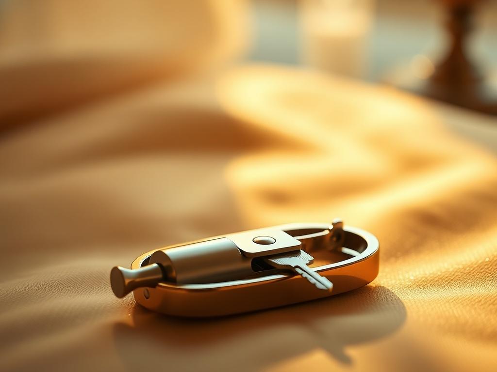 A high-quality chastity key holder set displayed elegantly on a soft, golden-hued surface. The key holder is intricately designed with a sleek finish, showcasing its secure, sophisticated nature. The background features soft lighting that creates a serene atmosphere, enhancing the luxurious feel of the product.