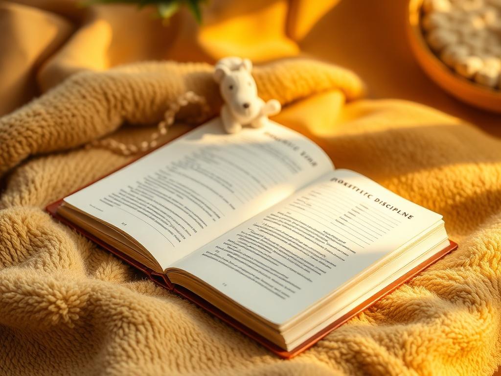 A beautifully designed domestic discipline journal resting on a cozy, golden-hued surface. The journal is open, showcasing elegantly formatted pages with soft, calming colors. Surrounding it, soft lighting creates a serene atmosphere, emphasizing the journal's inviting nature.
