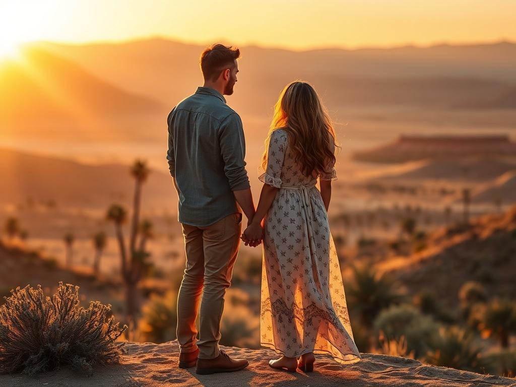 A serene landscape featuring a golden sunset over a calm desert, with soft, warm lighting illuminating a couple holding hands, symbolizing connection and empowerment. The background showcases the natural beauty of Coachella Valley, with gentle hills and a peaceful atmosphere.