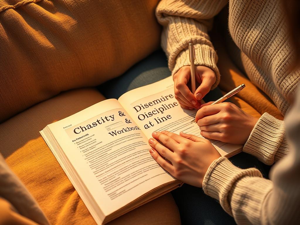A high-resolution image of an open workbook titled 'Chastity & Discipline Workbook' on a cozy couch, surrounded by warm lighting. A couple's hands can be seen engaged in writing together, creating an intimate atmosphere.