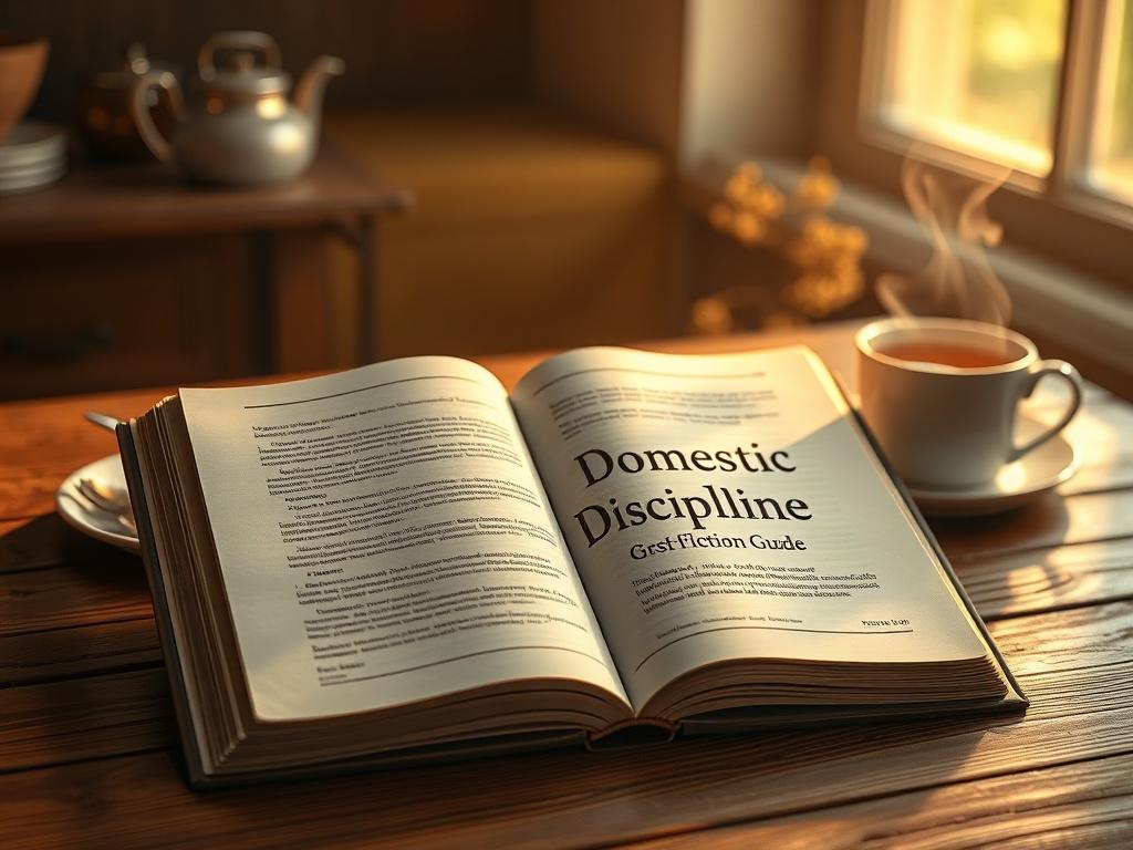 A high-resolution image of an open guidebook titled 'Domestic Discipline Guide' placed on a rustic wooden table. The book is surrounded by a soft, golden hue, with a warm, cozy ambiance and a steaming cup of tea nearby.