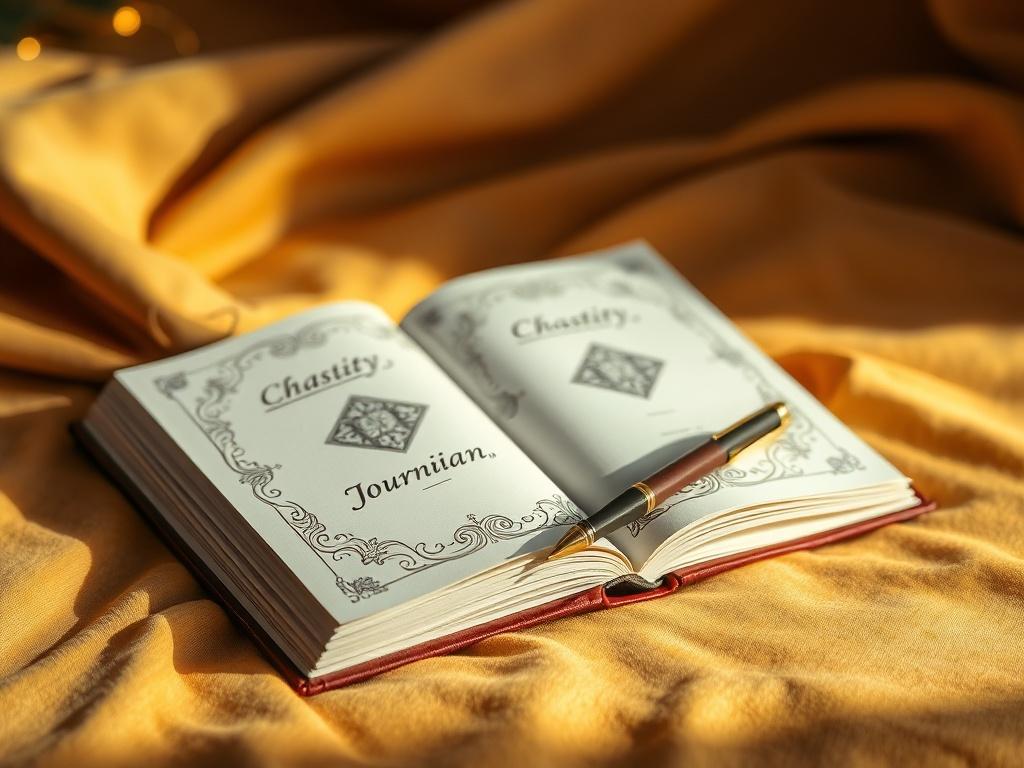 A high-resolution image of an elegant chastity journal lying open on a soft, golden-toned surface. The journal displays intricate designs, with a cozy pen beside it. The background features subtle soft lighting, creating a serene and inviting atmosphere.