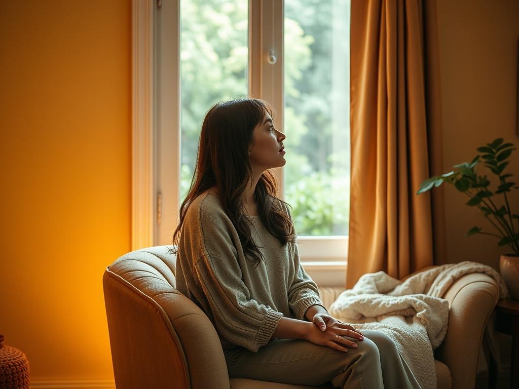 Create a realistic high-resolution photo featuring a serene, introspective woman sitting comfortably in a cozy, softly-lit room. The composition should be simple and clear, focusing solely on her as the subject. She is thoughtfully gazing out of a window, symbolizing reflection and understanding. Warm golden hues illuminate the space, creating a tranquil atmosphere that enhances the theme of exploration and transformation. 

In the background, include soft, subtle elements like a plush armchair and a soft t