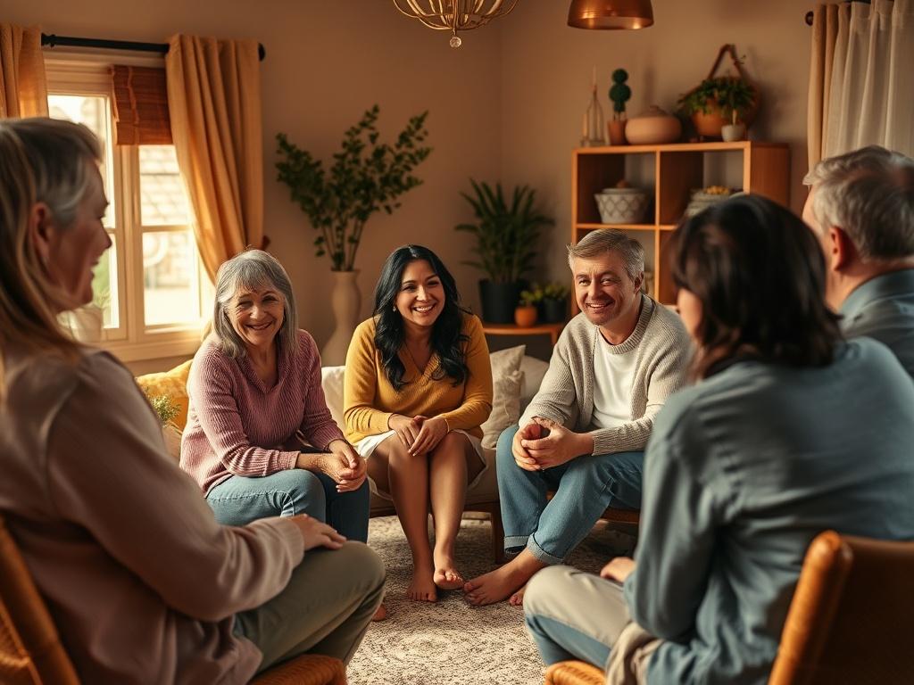 A cozy workshop setting with couples gathered in a circle, engaged in discussion. The room is softly lit with golden hues, creating an inviting atmosphere. Participants are smiling and sharing ideas, reflecting a sense of community and empowerment.