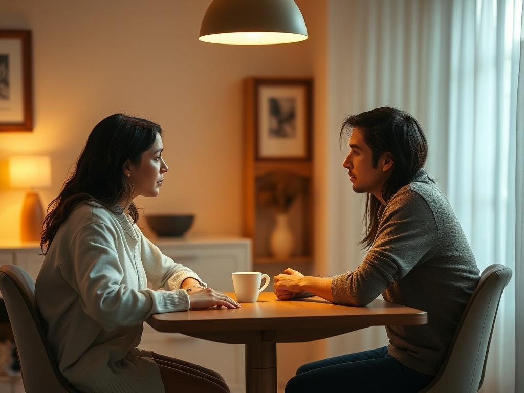 A serene, softly lit room with a couple sitting at a table, discussing boundaries and expectations. The atmosphere is calm and inviting, with warm golden hues illuminating their focused expressions. The couple appears engaged and understanding, reflecting the importance of communication in domestic discipline.