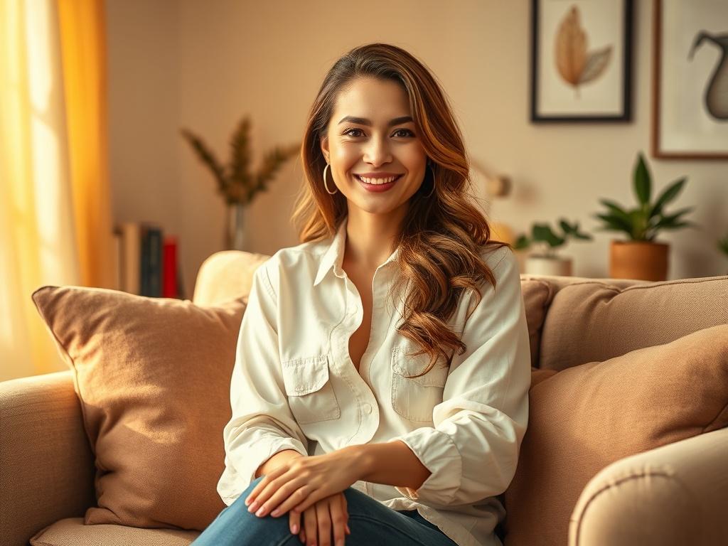 Create a realistic high-resolution photo featuring a confident woman sitting comfortably in a cozy, well-lit room, embodying the essence of a thriving leader in a Female-Led Relationship (FLR). The woman should have an approachable yet strong demeanor, with a soft smile that radiates warmth and empowerment. She should be dressed in casual yet elegant attire that reflects her confidence and style.

The background should include a serene, inviting setting with plush furnishings, warm golden hues, and soft lig
