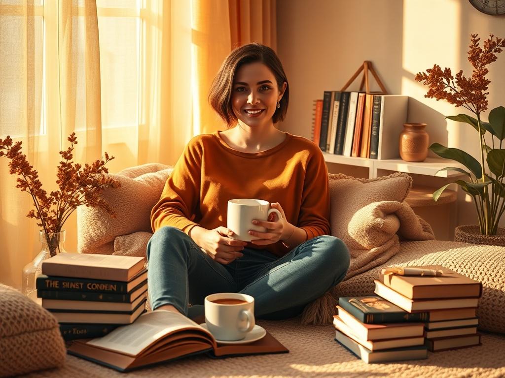 A serene and cozy setting featuring a warm toned, high