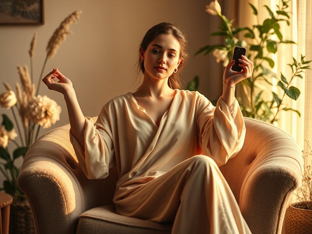 **AI Image Generation Prompt:**

Create a realistic high-resolution photo that visually represents the theme "Selfless Perspective in FLR" (Female-Led Relationship). The composition should be simple and clear, focusing solely on one subject—a woman in a serene, yet empowering pose, embodying confidence and grace. She should be seated on a plush, comfortable chair, positioned slightly off-center to create a sense of balance in the frame.

The woman is dressed in soft, flowing fabrics that suggest warmth and 