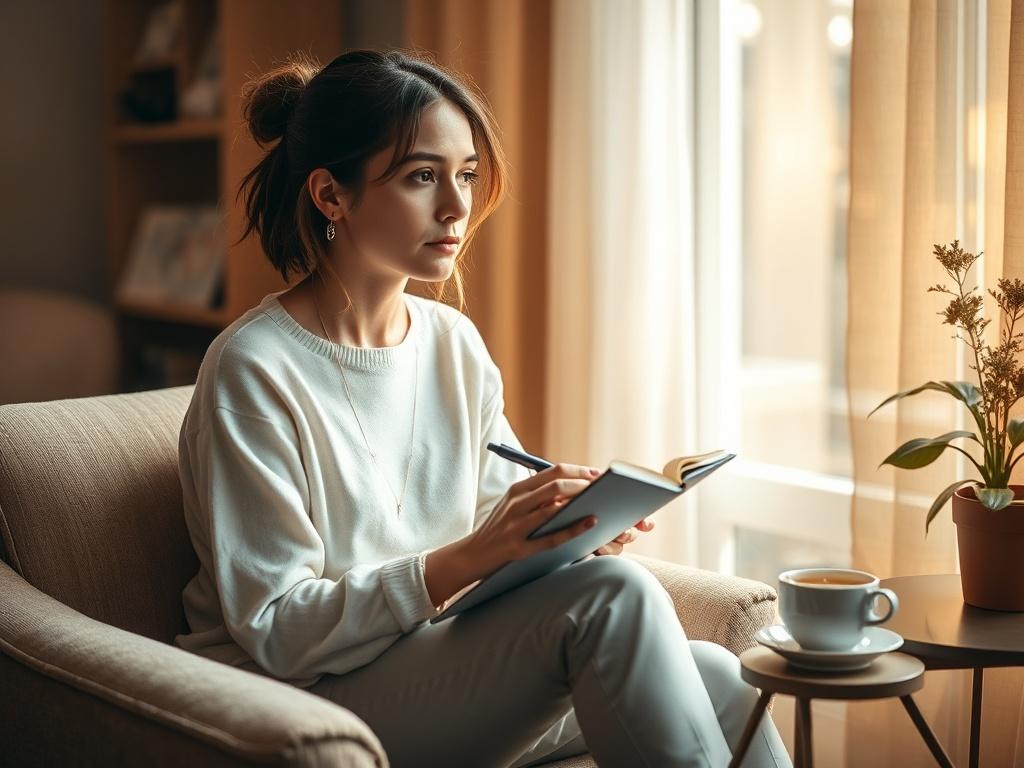 Create a realistic high-resolution photo depicting a woman sitting in a cozy, softly lit room that exudes a serene atmosphere. The composition should be simple and clear, focusing on the woman as the central subject. She appears thoughtfully engaged, perhaps sitting on a plush armchair with a notebook and pen in her hands, symbolizing her journey of discovery and exploration in a female-led relationship (FLR). 

The woman's expression conveys a mix of empowerment and contemplation, highlighting her emotiona