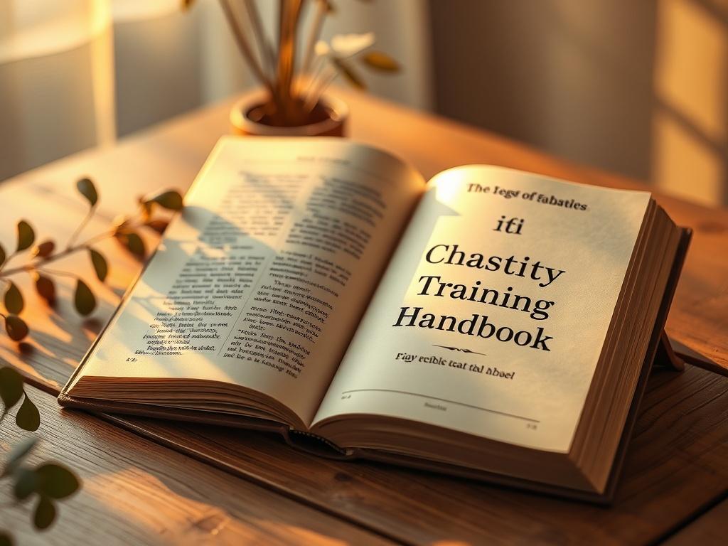 A cozy, high-resolution image of an open book on a wooden table, with soft lighting illuminating the pages. The book should display the title 'Chastity Training Handbook' on the visible page, surrounded by a serene atmosphere of plants and warm hues.