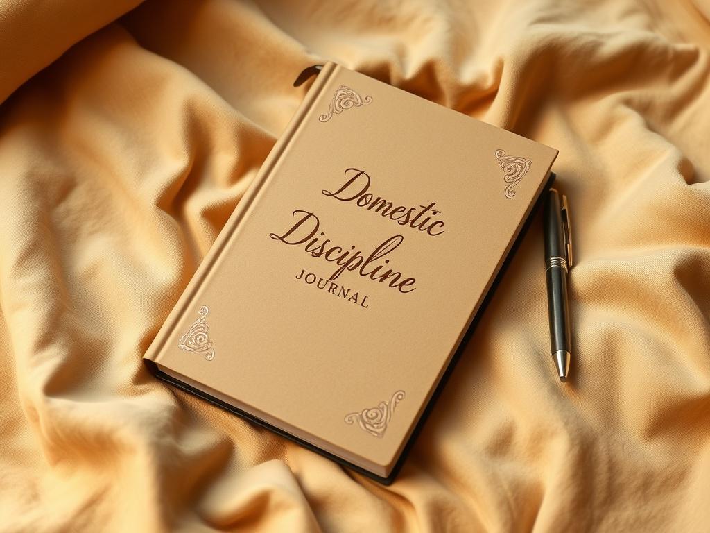 A serene, high-resolution image of a journal lying on a soft, golden-hued fabric. The journal features an elegant cover design with the words 'Domestic Discipline Journal' embossed. A delicate pen rests beside it, creating a tranquil and inviting atmosphere.
