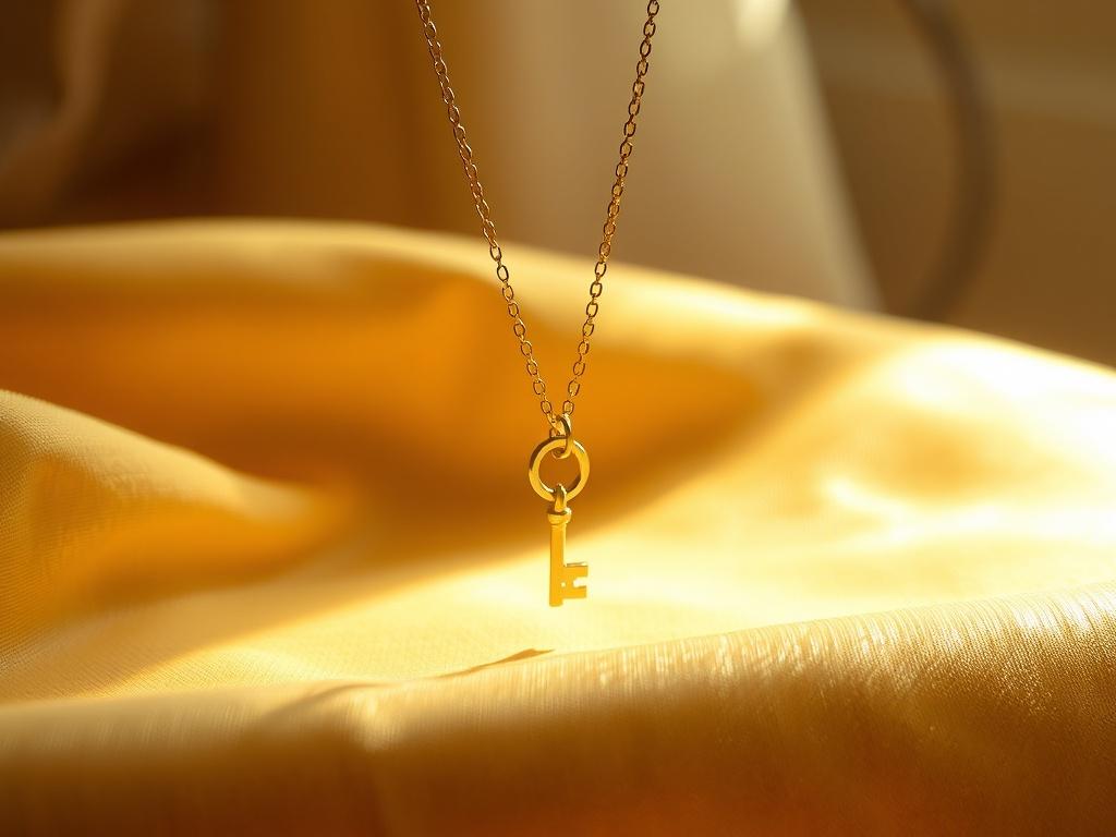 A high-resolution image of a delicate necklace with a key pendant, displayed on a soft, golden fabric. The necklace shines under gentle lighting, highlighting its elegant design. The background is softly blurred, creating a serene and intimate atmosphere.