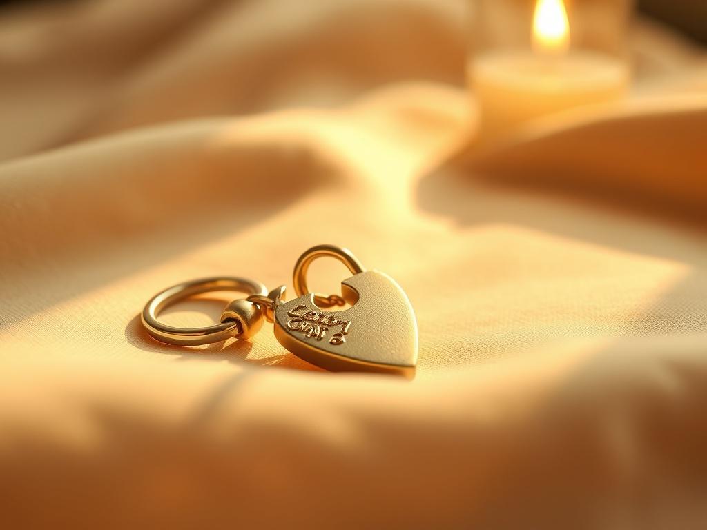 A close-up of a stylish chastity key holder made from high-quality materials, elegantly placed on a soft fabric background with warm golden lighting, creating a cozy and serene atmosphere.