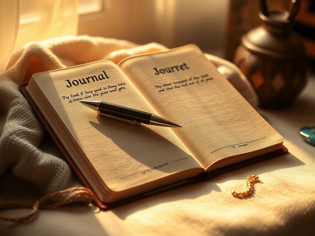 A beautifully bound journal with a pen, resting on a soft surface, bathed in warm golden light, inviting the viewer to explore their thoughts and experiences in a serene setting.