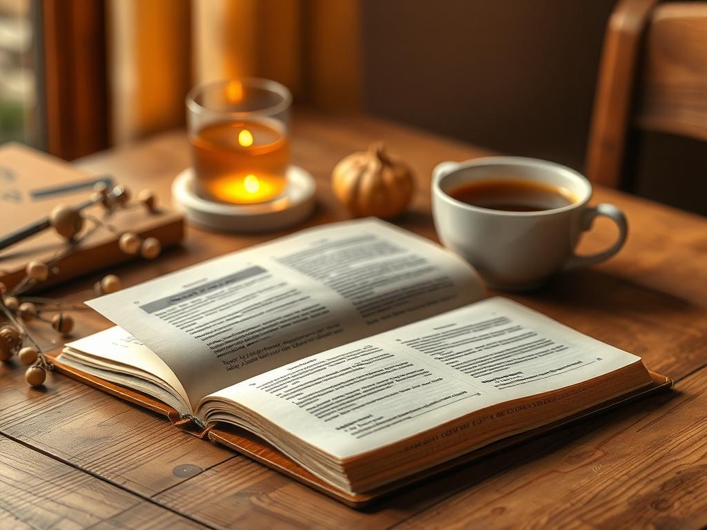 An open guidebook on a wooden table, surrounded by cozy elements like a warm cup of tea and soft lighting, evoking a sense of relaxation and focus on learning.